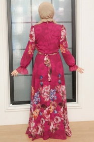 Neva Style - Çiçek Desenli Fuşya Tesettür Elbise 35461F - Thumbnail