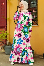 Neva Style - Çiçek Desenli Fuşya Viskon Tesettür Elbise 5196F - Thumbnail
