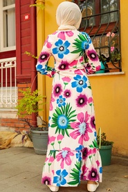 Neva Style - Çiçek Desenli Fuşya Viskon Tesettür Elbise 5196F - Thumbnail