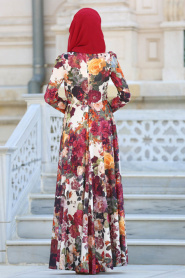 Neva Style - Çiçek Desenli Gri Tesettür Elbise 2415GR - Thumbnail