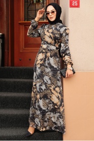 Neva Style - Çiçek Desenli Gri Tesettür Elbise 279312GR - Thumbnail