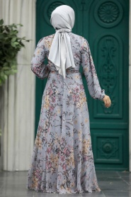 Neva Style - Çiçek Desenli Gri Tesettür Elbise 30057GR - Thumbnail