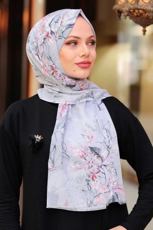 Neva Style - Çiçek Desenli Gri Tesettür Şal 52051GR - 1