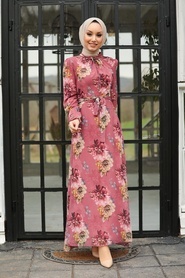 Neva Style - Çiçek Desenli Gül Kurusu Tesettür Elbise 27901GK - Thumbnail