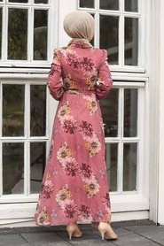 Neva Style - Çiçek Desenli Gül Kurusu Tesettür Elbise 27901GK - Thumbnail