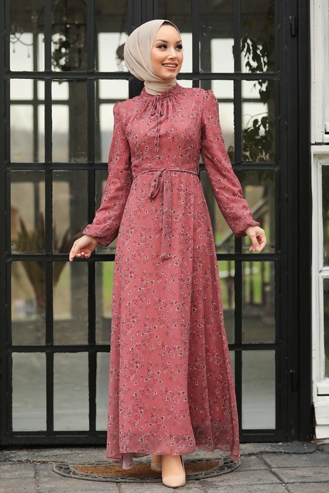 Neva Style - Çiçek Desenli Gül Kurusu Tesettür Elbise 27902GK - 1