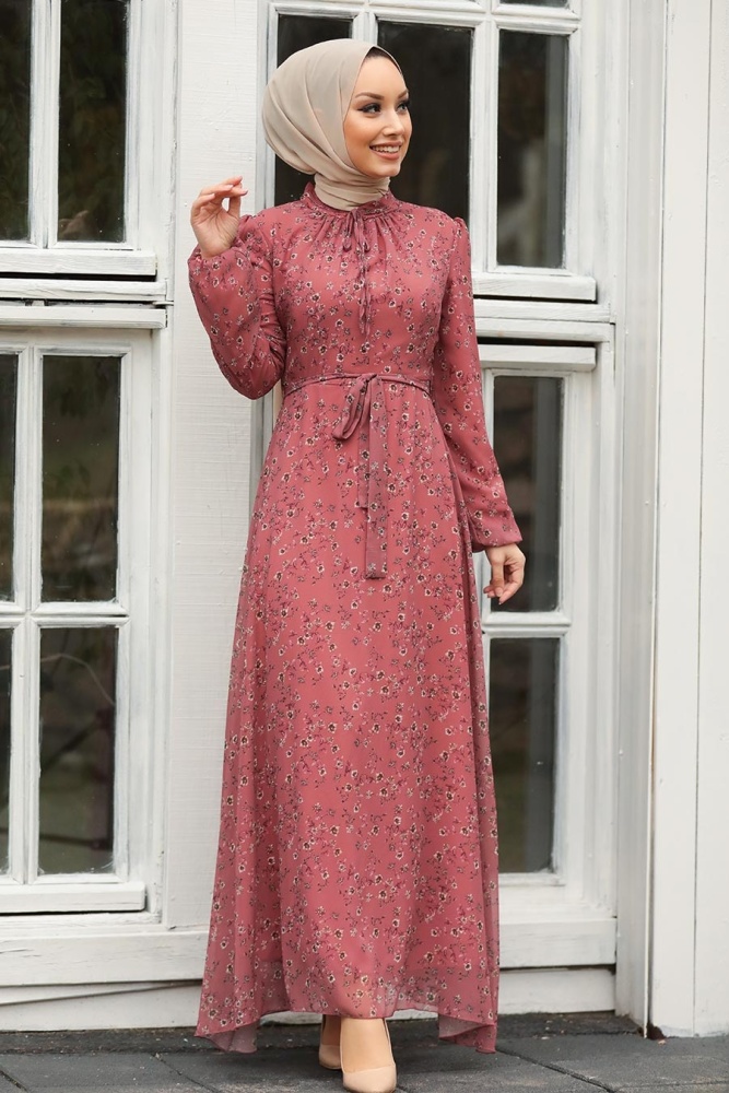 Neva Style - Çiçek Desenli Gül Kurusu Tesettür Elbise 27902GK - 2