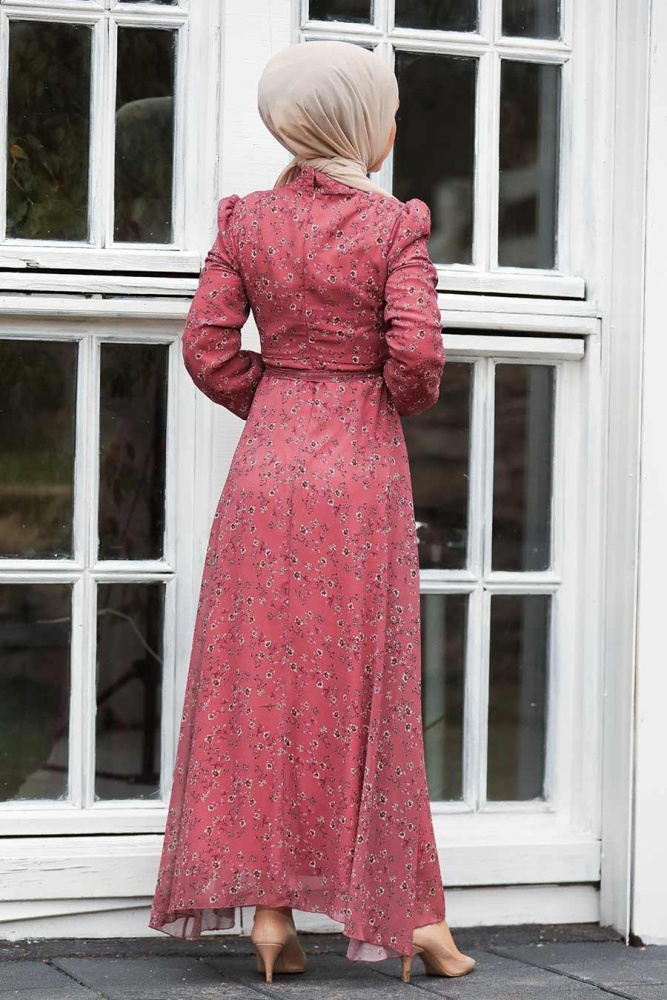 Neva Style - Çiçek Desenli Gül Kurusu Tesettür Elbise 27902GK - 3