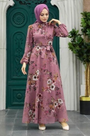 Neva Style - Çiçek Desenli Gül Kurusu Tesettür Elbise 279078GK - Thumbnail