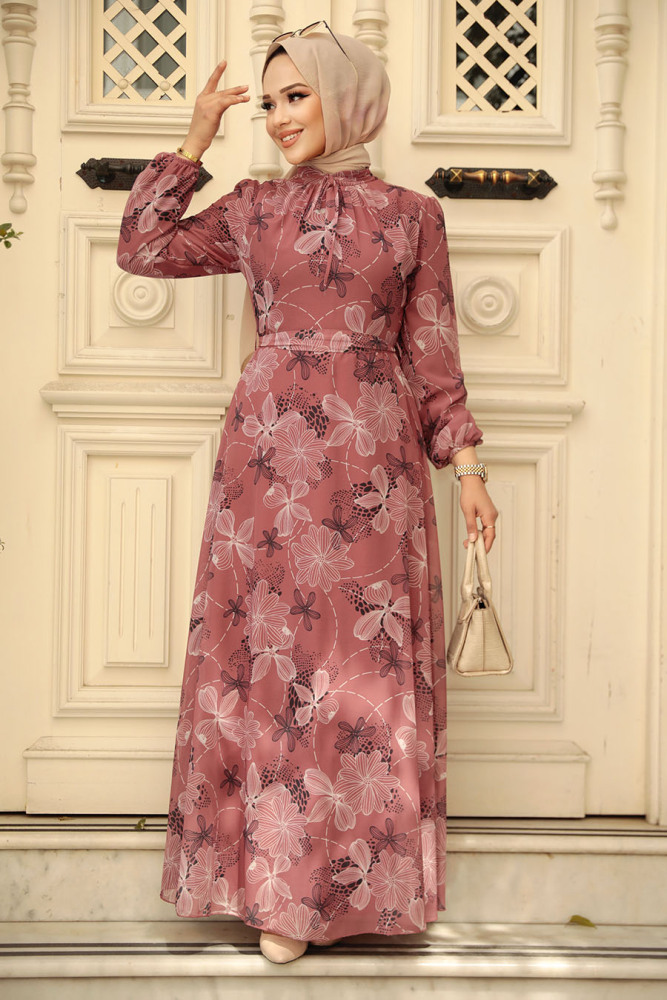 Neva Style - Çiçek Desenli Gül Kurusu Tesettür Elbise 279079GK - 1