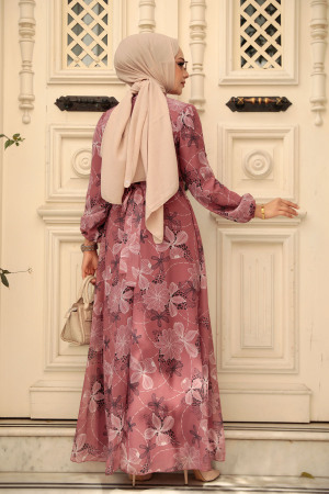Neva Style - Çiçek Desenli Gül Kurusu Tesettür Elbise 279079GK - 2