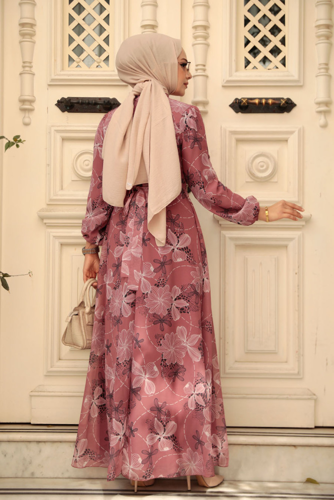 Neva Style - Çiçek Desenli Gül Kurusu Tesettür Elbise 279079GK - 2