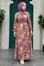 Neva Style - Çiçek Desenli Gül Kurusu Tesettür Elbise 279080GK - Thumbnail
