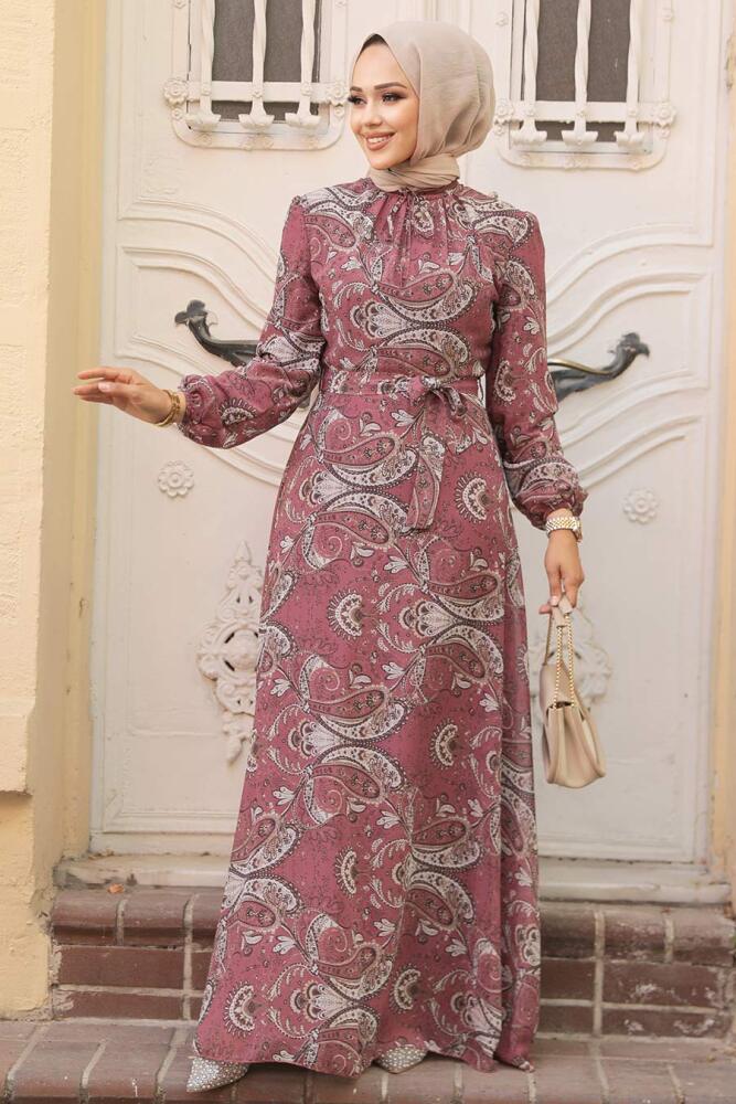 Neva Style - Çiçek Desenli Gül Kurusu Tesettür Elbise 279081GK - 1