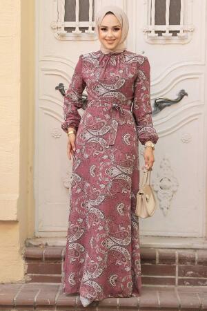 Neva Style - Çiçek Desenli Gül Kurusu Tesettür Elbise 279081GK - 2