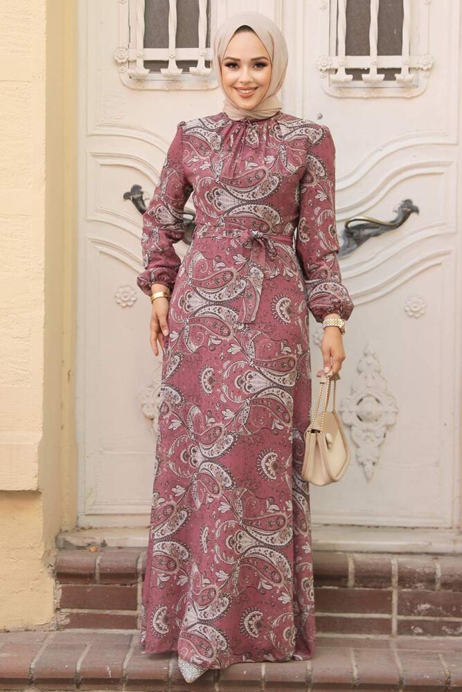 Neva Style - Çiçek Desenli Gül Kurusu Tesettür Elbise 279081GK - 2