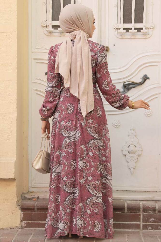 Neva Style - Çiçek Desenli Gül Kurusu Tesettür Elbise 279081GK - 4