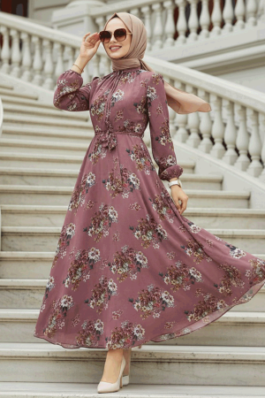  Çiçek Desenli Gül Kurusu Tesettür Elbise 279082GK - NEVA STYLE
