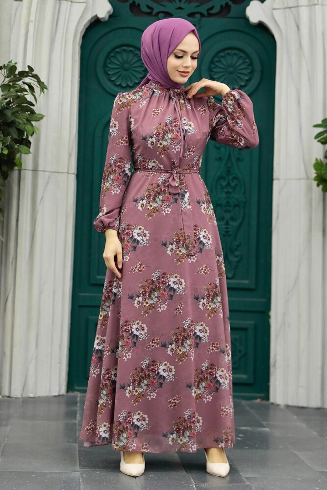 Neva Style - Çiçek Desenli Gül Kurusu Tesettür Elbise 279082GK - 2