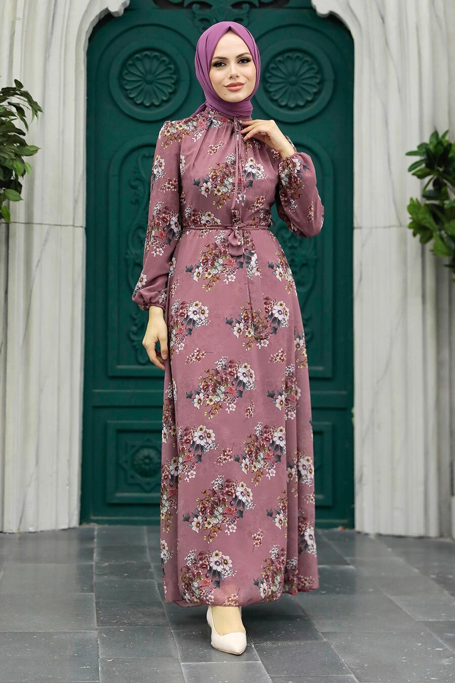 Neva Style - Çiçek Desenli Gül Kurusu Tesettür Elbise 279082GK