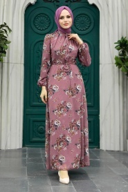 Neva Style - Çiçek Desenli Gül Kurusu Tesettür Elbise 279082GK - Thumbnail