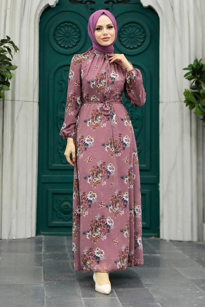 Neva Style - Çiçek Desenli Gül Kurusu Tesettür Elbise 279082GK - 1