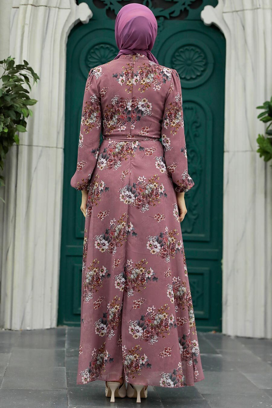 Neva Style - Çiçek Desenli Gül Kurusu Tesettür Elbise 279082GK