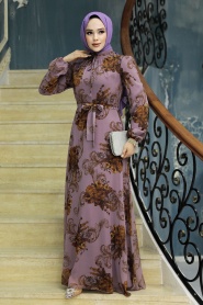 Neva Style - Çiçek Desenli Gül Kurusu Tesettür Elbise 27921GK - Thumbnail