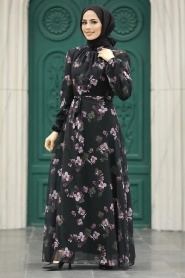 Neva Style - Çiçek Desenli Gül Kurusu Tesettür Elbise 279317GK - Thumbnail