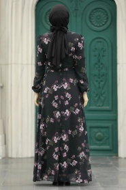 Neva Style - Çiçek Desenli Gül Kurusu Tesettür Elbise 279317GK - Thumbnail