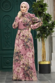 Neva Style - Çiçek Desenli Gül Kurusu Tesettür Elbise 279318GK - Thumbnail