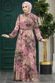 Neva Style - Çiçek Desenli Gül Kurusu Tesettür Elbise 279318GK - Thumbnail
