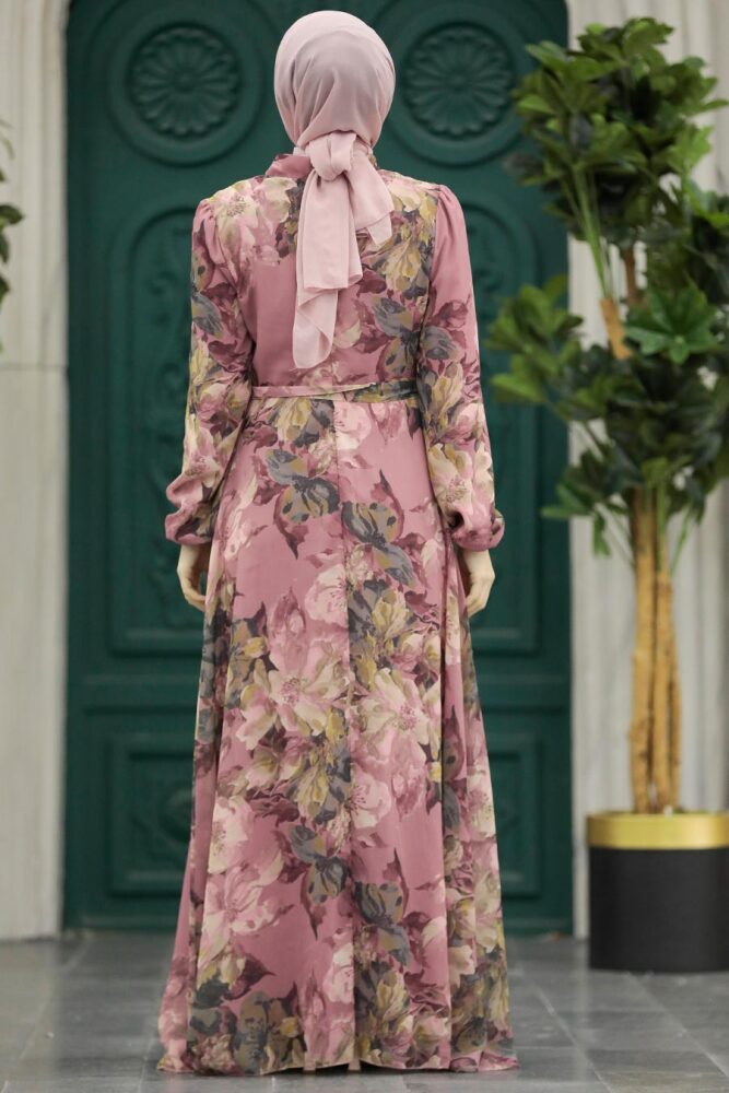 Neva Style - Çiçek Desenli Gül Kurusu Tesettür Elbise 279318GK - 3