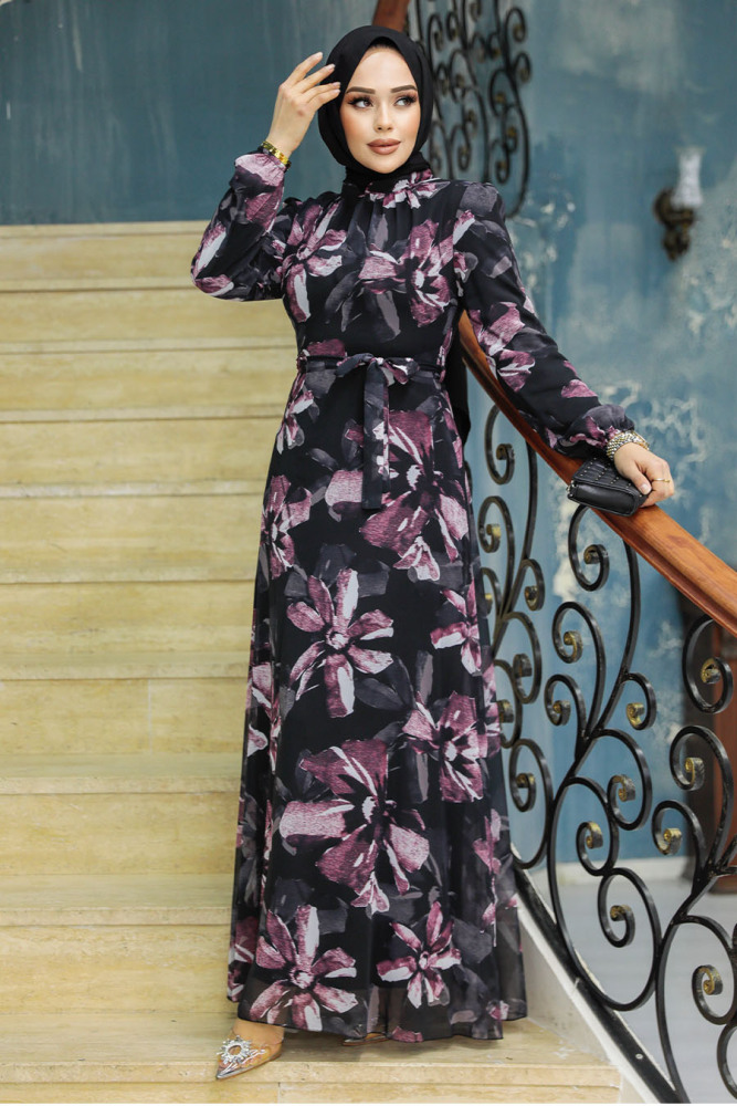 Neva Style - Çiçek Desenli Gül Kurusu Tesettür Elbise 279322GK - 3