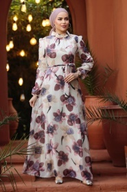 Neva Style - Çiçek Desenli Gül Kurusu Tesettür Elbise 279325GK - Thumbnail