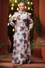 Neva Style - Çiçek Desenli Gül Kurusu Tesettür Elbise 279325GK - Thumbnail