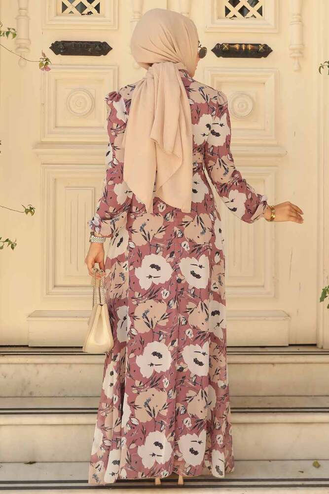 Neva Style - Çiçek Desenli Gül Kurusu Tesettür Elbise 27939GK - 3