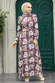 Neva Style - Çiçek Desenli Gül Kurusu Tesettür Elbise 27939GK - Thumbnail