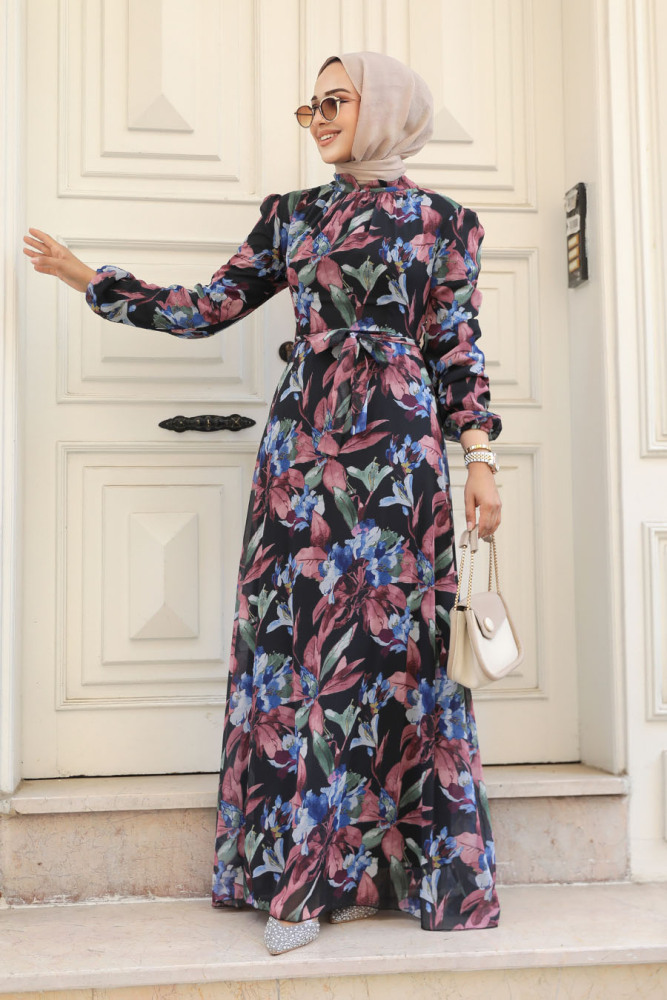 Neva Style - Çiçek Desenli Gül Kurusu Tesettür Elbise 27941GK - 1