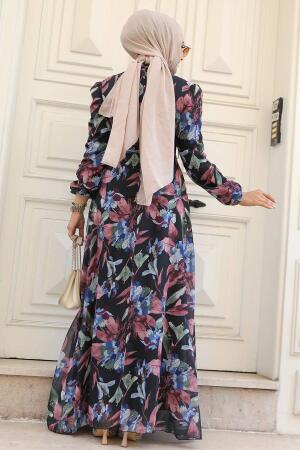 Neva Style - Çiçek Desenli Gül Kurusu Tesettür Elbise 27941GK - 3