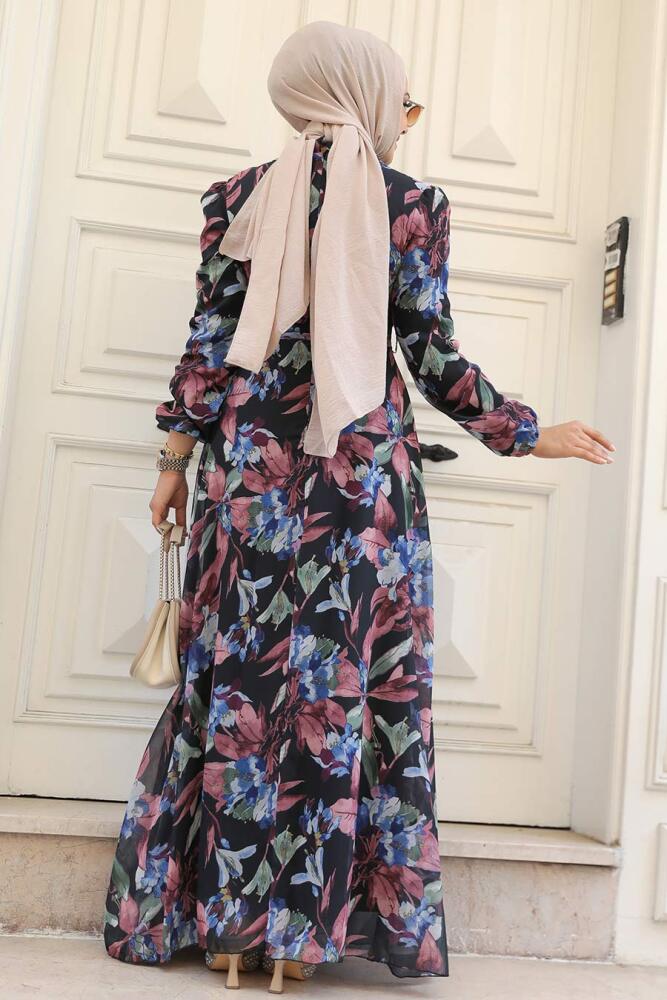 Neva Style - Çiçek Desenli Gül Kurusu Tesettür Elbise 27941GK - 3