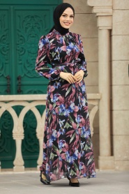 Neva Style - Çiçek Desenli Gül Kurusu Tesettür Elbise 27941GK - Thumbnail