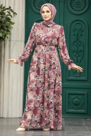 Neva Style - Çiçek Desenli Gül Kurusu Tesettür Elbise 29710GK - Thumbnail
