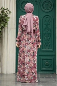 Neva Style - Çiçek Desenli Gül Kurusu Tesettür Elbise 29710GK - Thumbnail