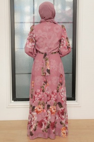 Neva Style - Çiçek Desenli Gül Kurusu Tesettür Elbise 35461GK - Thumbnail