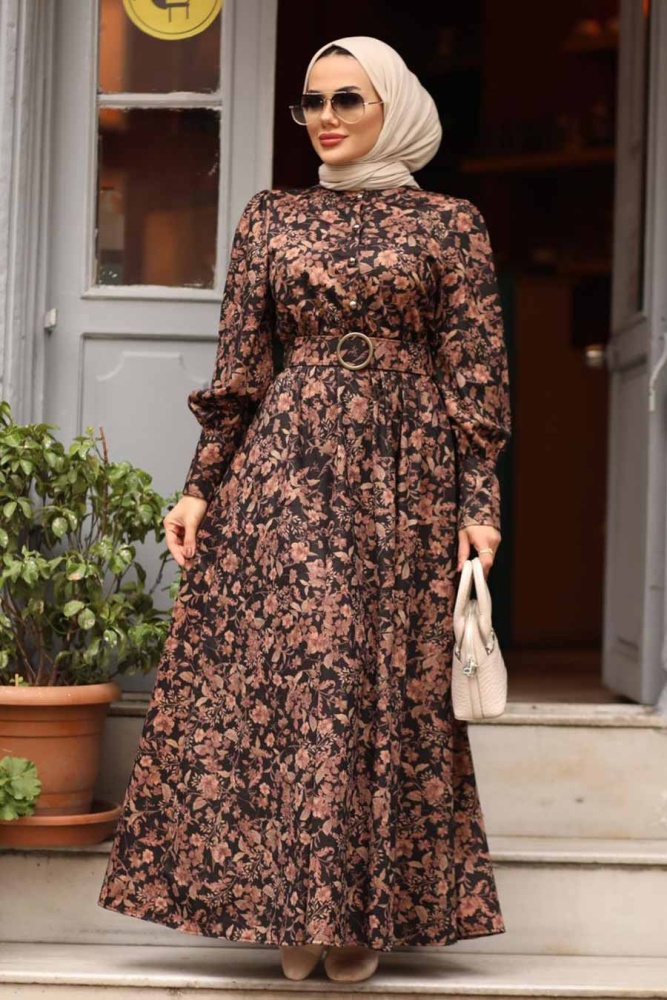 Neva Style - Çiçek Desenli Gül Kurusu Tesettür Elbise 44671GK - 1