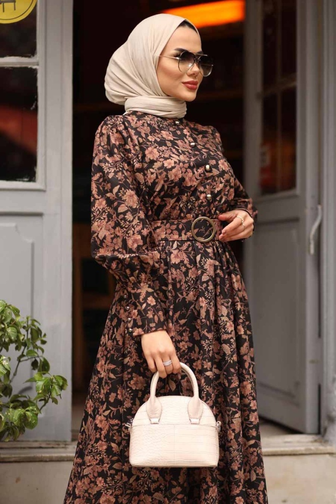 Neva Style - Çiçek Desenli Gül Kurusu Tesettür Elbise 44671GK - 3