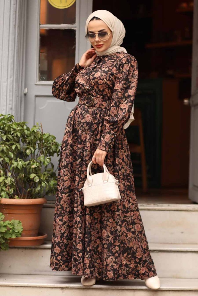 Neva Style - Çiçek Desenli Gül Kurusu Tesettür Elbise 44671GK - 4