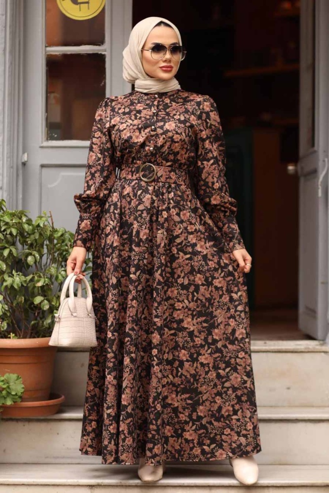 Neva Style - Çiçek Desenli Gül Kurusu Tesettür Elbise 44671GK - 5