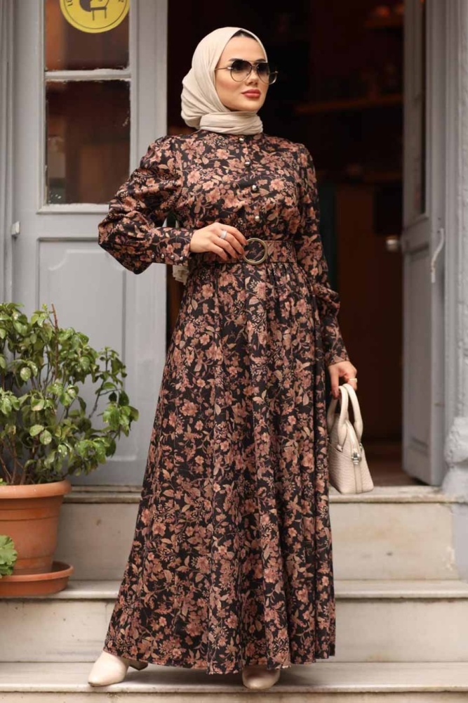 Neva Style - Çiçek Desenli Gül Kurusu Tesettür Elbise 44671GK - 6